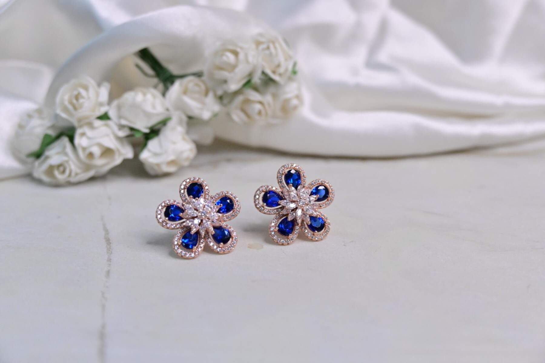 Rose Gold Blue Flower Studs