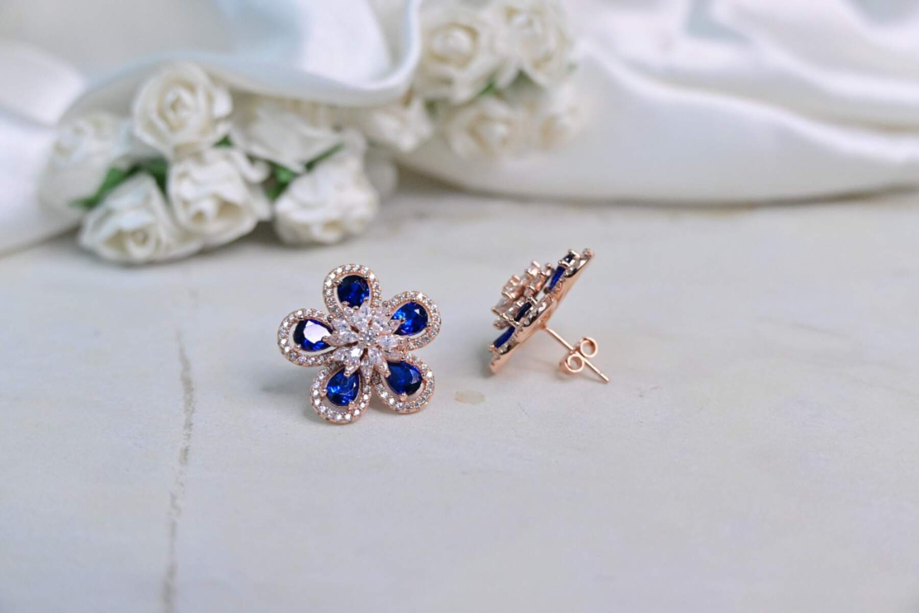 Rose Gold Blue Flower Studs