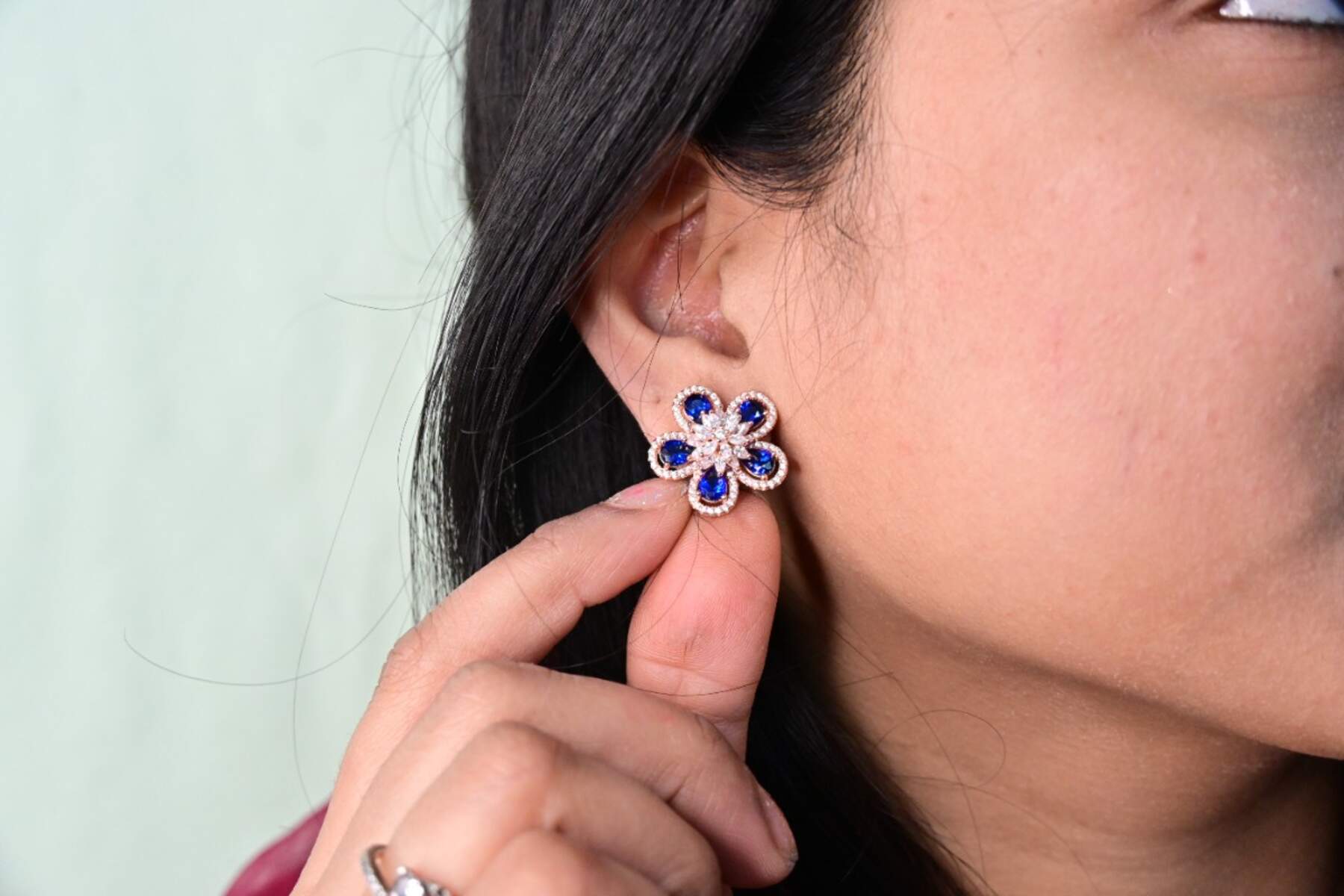 Rose Gold Blue Flower Studs